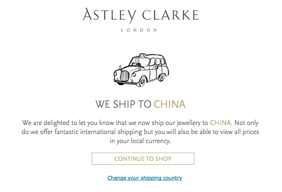 Astley Clarke shipping to China
