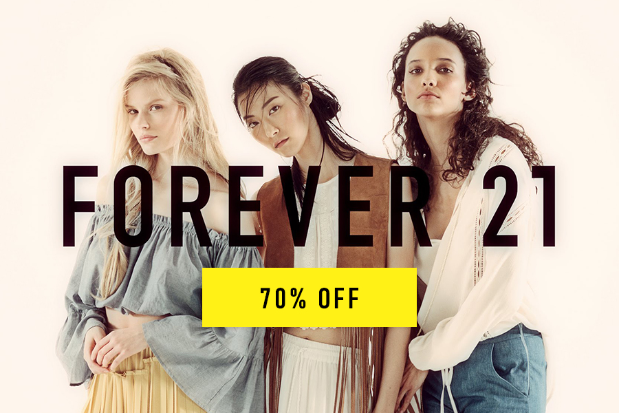 Forever 21高街品牌高达70%OFF折扣中，男女服饰都参与！
