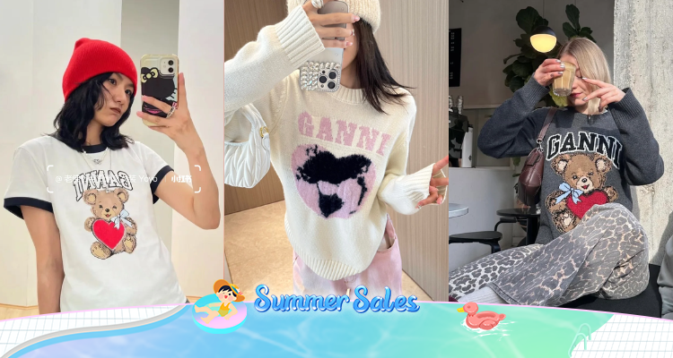 🎀GANNI全场6折+满额包邮!收封面同款小熊T恤£61!小熊毛衣£171!爱心毛衣£167!
