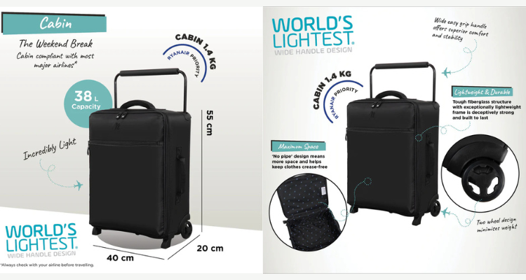 IT Luggage世界最轻登机箱8折!仅1.2kg+航空级扩容+宽把手设计,横扫廉航严规!低至£36
