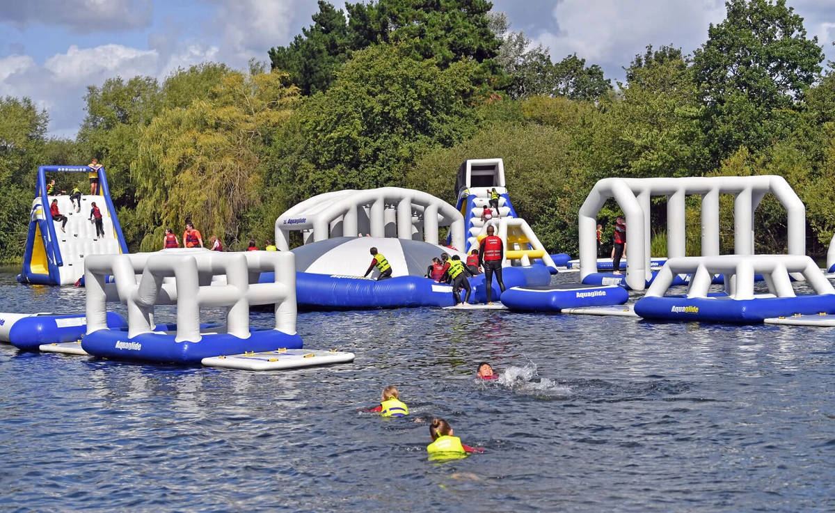 This thrilling water park just an hour from London sits on a 150 acre lake – with a giant inflatable obstacle course, wakeboarding and open water swimming